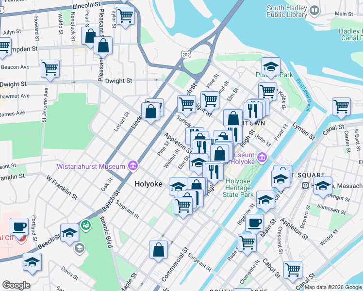 map of restaurants, bars, coffee shops, grocery stores, and more near 381 Appleton Street in Holyoke