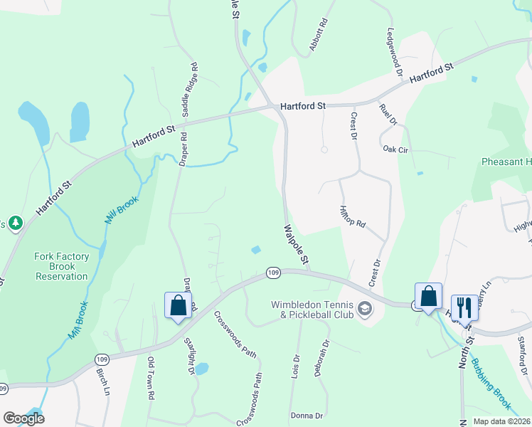 map of restaurants, bars, coffee shops, grocery stores, and more near 155 Walpole Street in Dover