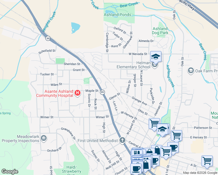 map of restaurants, bars, coffee shops, grocery stores, and more near 378 Otis Street in Ashland