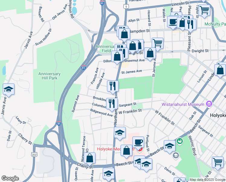map of restaurants, bars, coffee shops, grocery stores, and more near 12 Florence Avenue in Holyoke