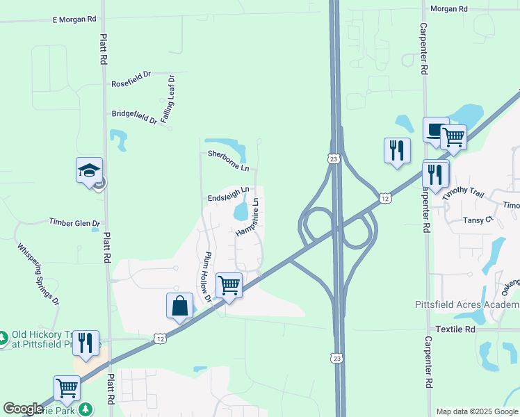 map of restaurants, bars, coffee shops, grocery stores, and more near 5609 Hampshire Lane in Ypsilanti