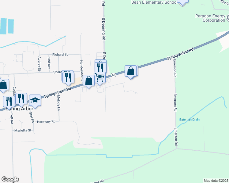 map of restaurants, bars, coffee shops, grocery stores, and more near 3700 South Dearing Road in Spring Arbor