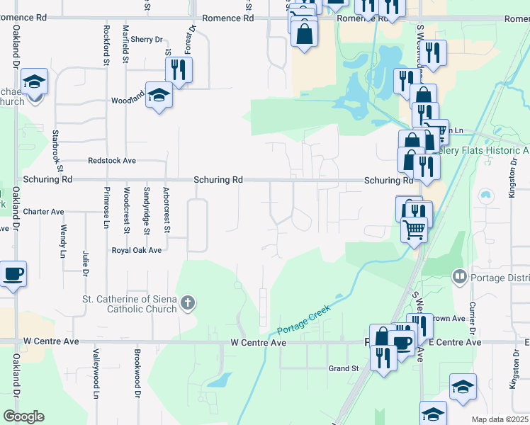 map of restaurants, bars, coffee shops, grocery stores, and more near 7580 Timbercreek Court in Portage