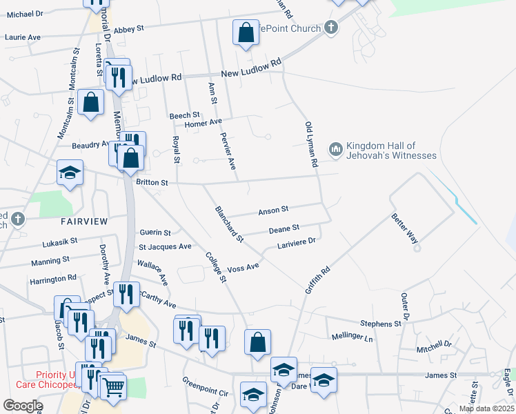 map of restaurants, bars, coffee shops, grocery stores, and more near 72 Anson Street in Chicopee