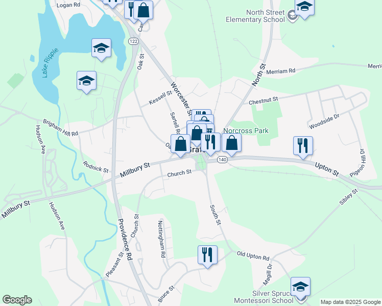 map of restaurants, bars, coffee shops, grocery stores, and more near 2 Oak Street in Grafton