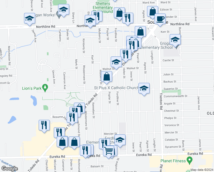 map of restaurants, bars, coffee shops, grocery stores, and more near 13759 Dix Toledo Road in Southgate