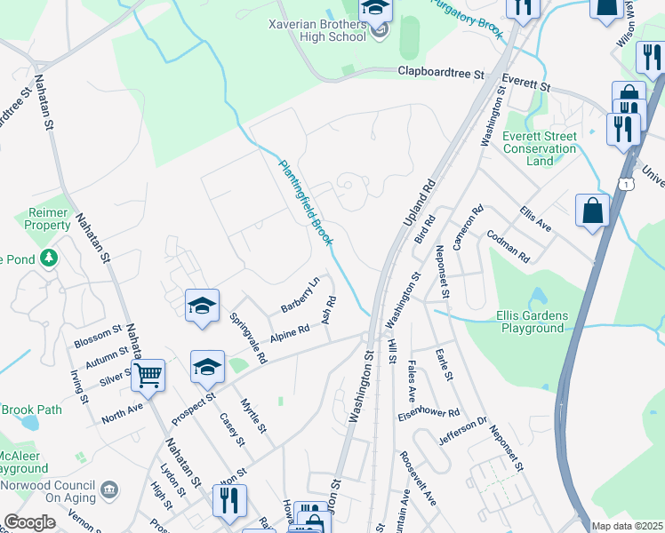map of restaurants, bars, coffee shops, grocery stores, and more near 5 Barberry Lane in Norwood