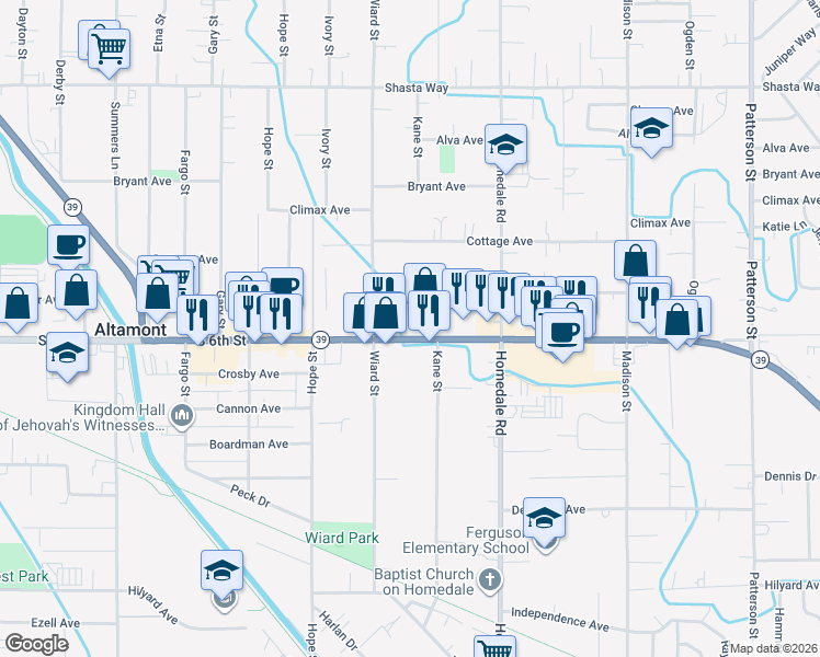 map of restaurants, bars, coffee shops, grocery stores, and more near 5113 South 6th Street in Klamath Falls