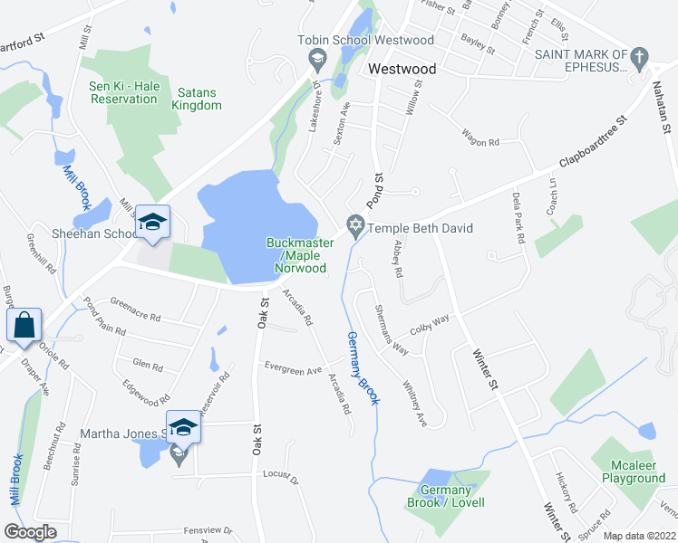 map of restaurants, bars, coffee shops, grocery stores, and more near 11 Windmill Lane in Westwood