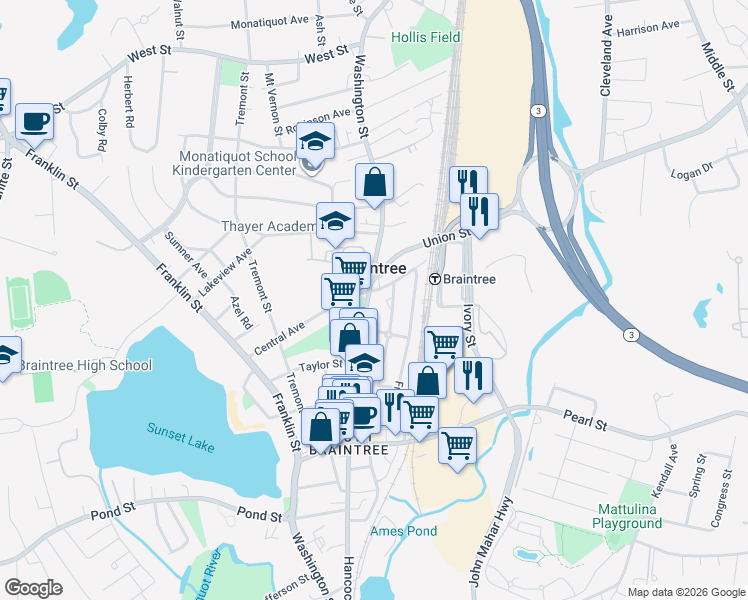 map of restaurants, bars, coffee shops, grocery stores, and more near 766 Washington Street in Braintree
