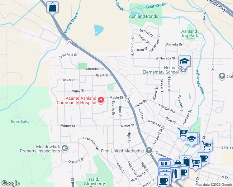 map of restaurants, bars, coffee shops, grocery stores, and more near 135 Maple Street in Ashland
