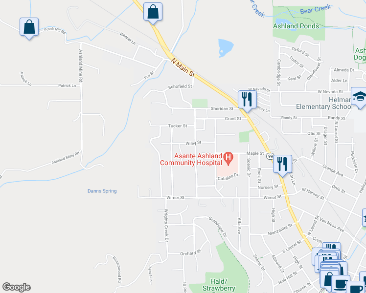 map of restaurants, bars, coffee shops, grocery stores, and more near 440 Wiley Street in Ashland