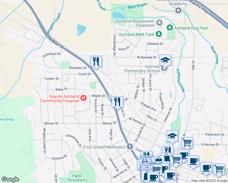 map of restaurants, bars, coffee shops, grocery stores, and more near 548 North Main Street in Ashland