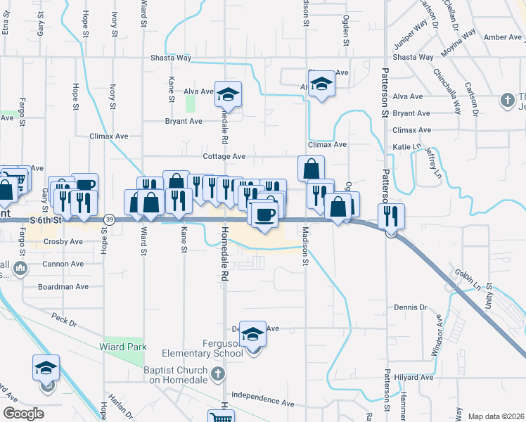 map of restaurants, bars, coffee shops, grocery stores, and more near 5543 South 6th Street in Klamath Falls