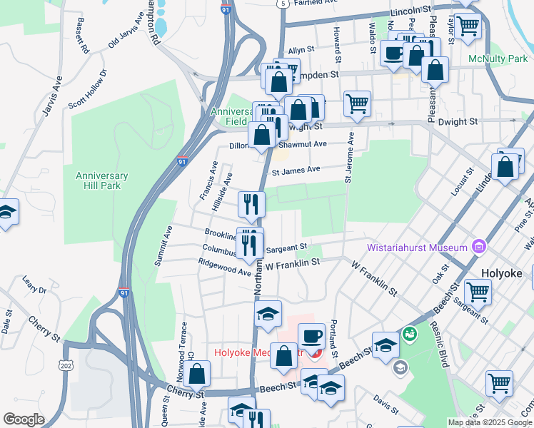map of restaurants, bars, coffee shops, grocery stores, and more near 29 Orchard Street in Holyoke