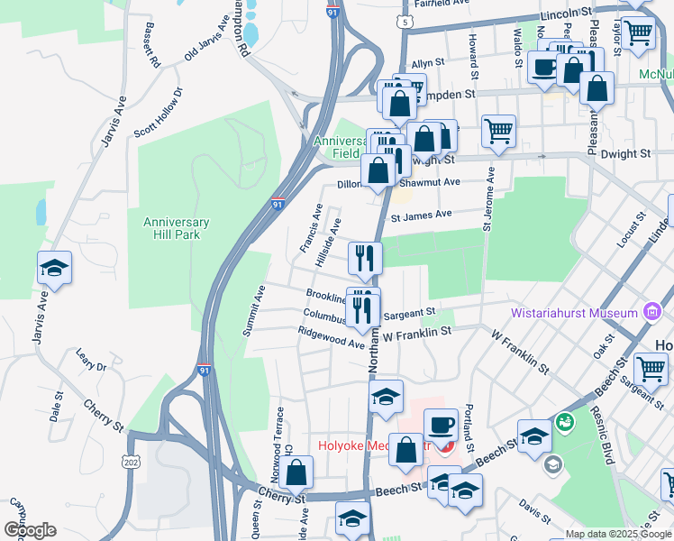 map of restaurants, bars, coffee shops, grocery stores, and more near 47-49 Belvidere Avenue in Holyoke