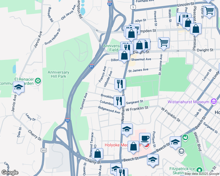 map of restaurants, bars, coffee shops, grocery stores, and more near 47-49 Belvidere Avenue in Holyoke