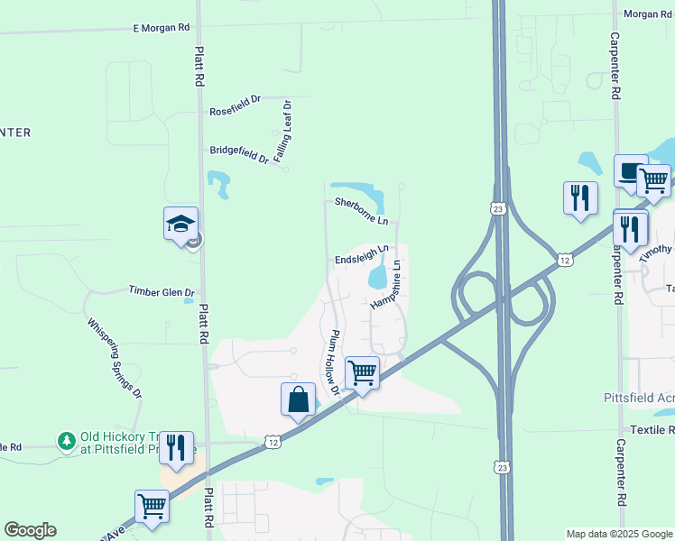 map of restaurants, bars, coffee shops, grocery stores, and more near 3332 Endsleigh Lane in Ypsilanti
