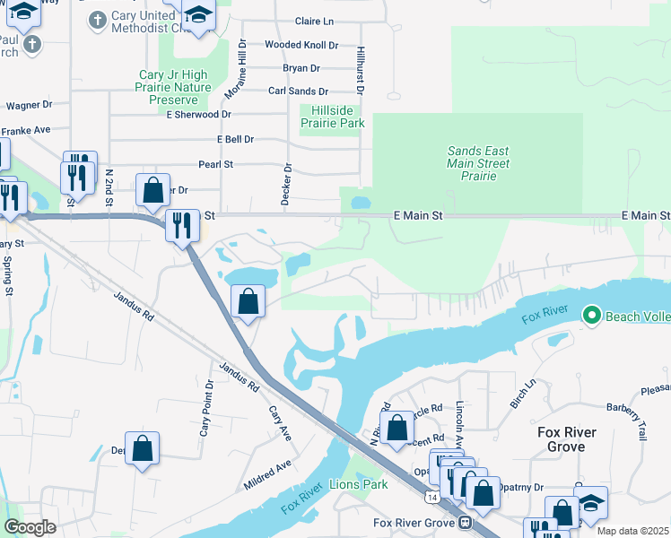map of restaurants, bars, coffee shops, grocery stores, and more near 1404 Spring Beach Way in Cary