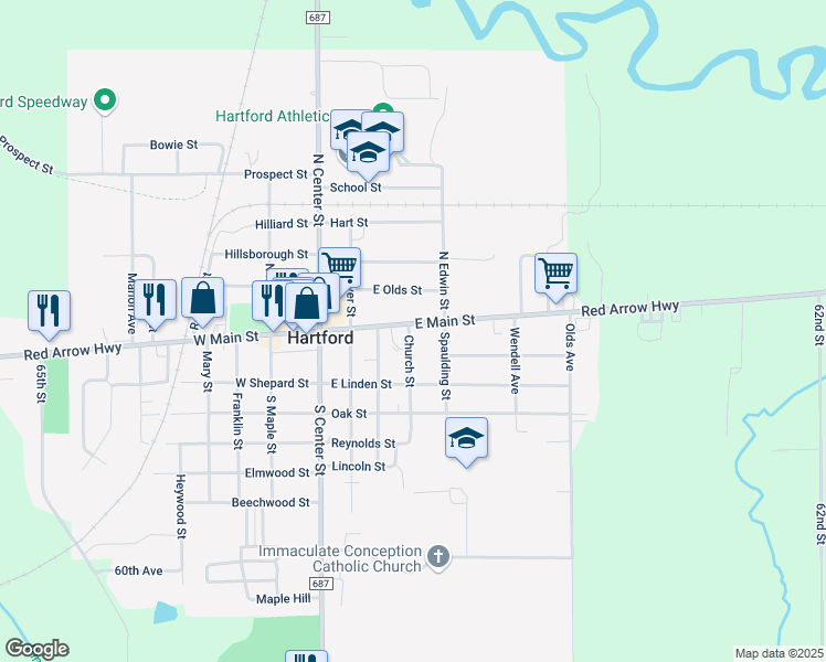 map of restaurants, bars, coffee shops, grocery stores, and more near 302 East Main Street in Hartford