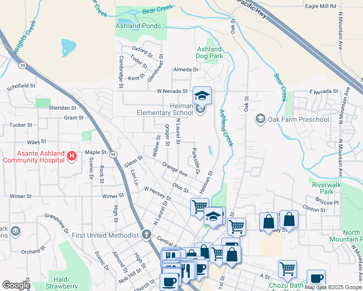 map of restaurants, bars, coffee shops, grocery stores, and more near 478 N Laurel St in Ashland