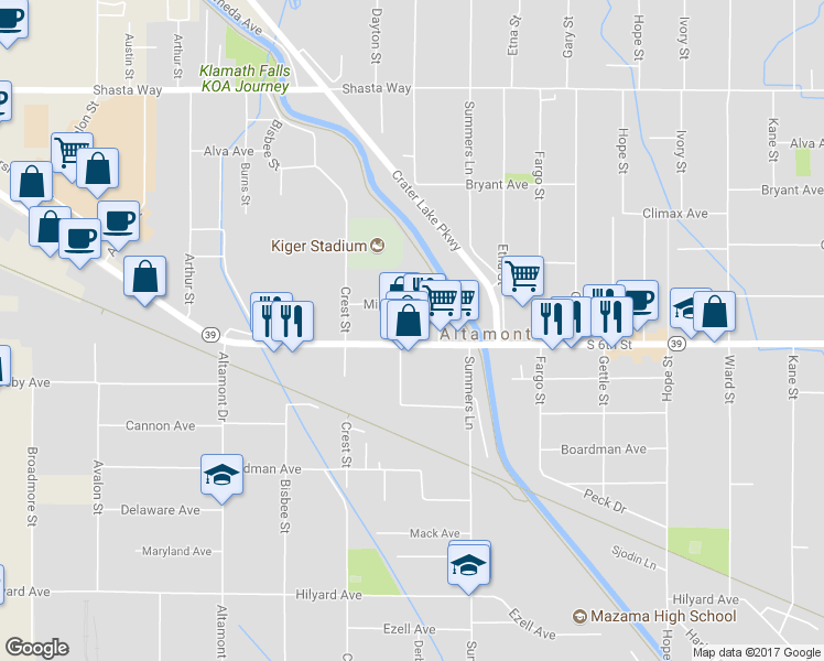 map of restaurants, bars, coffee shops, grocery stores, and more near 3949 S 6th St in Klamath Falls