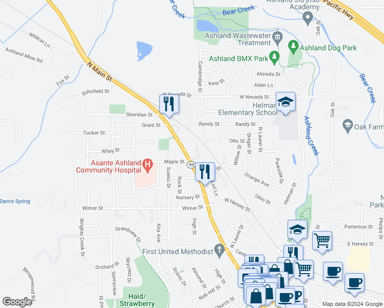 map of restaurants, bars, coffee shops, grocery stores, and more near 595 North Main Street in Ashland