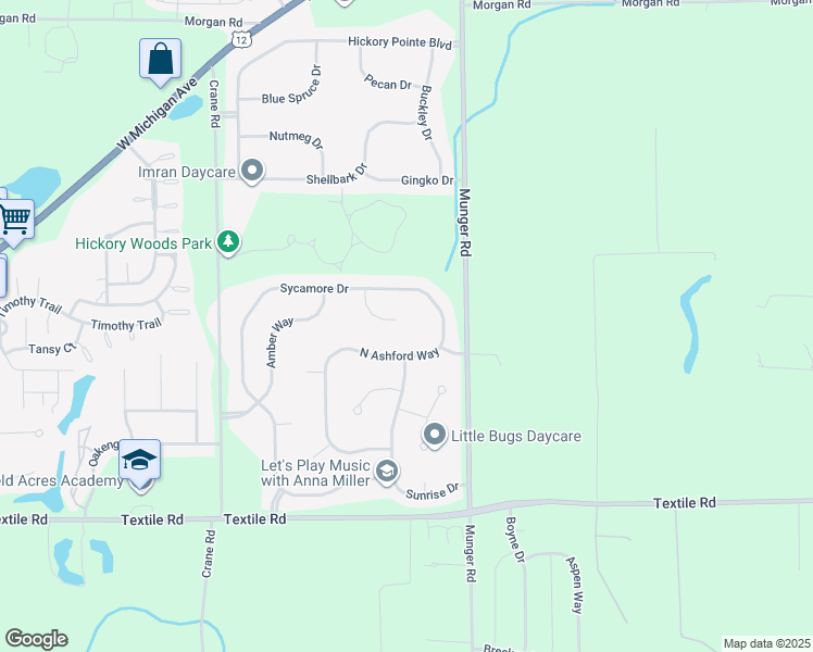 map of restaurants, bars, coffee shops, grocery stores, and more near 5600 Redbud Court in Ypsilanti