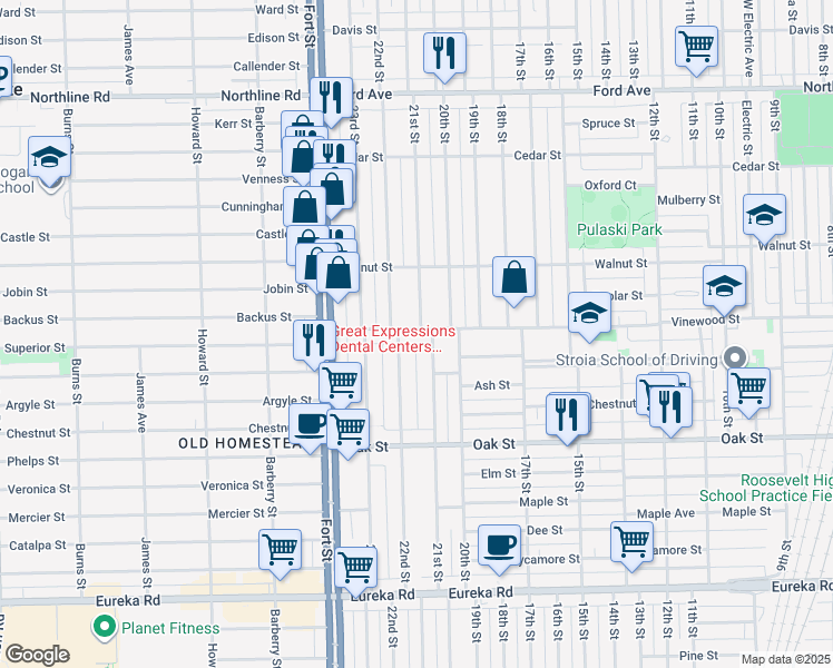 map of restaurants, bars, coffee shops, grocery stores, and more near 2122 Vinewood Street in Wyandotte