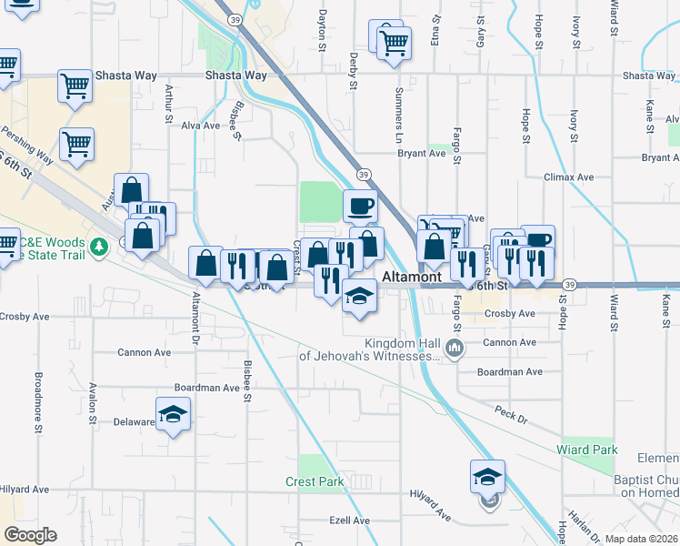 map of restaurants, bars, coffee shops, grocery stores, and more near 3927 South 6th Street in Klamath Falls