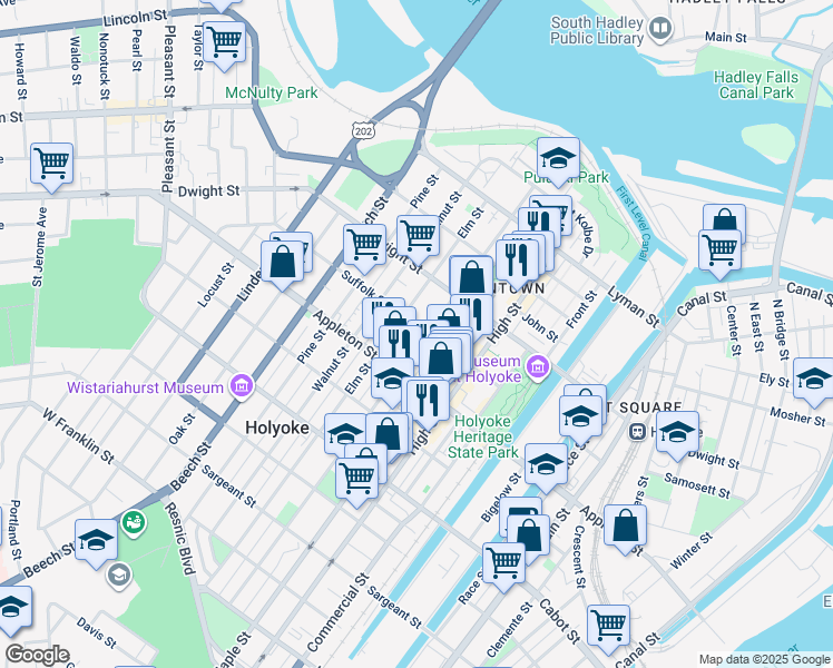 map of restaurants, bars, coffee shops, grocery stores, and more near 99 Suffolk Street in Holyoke