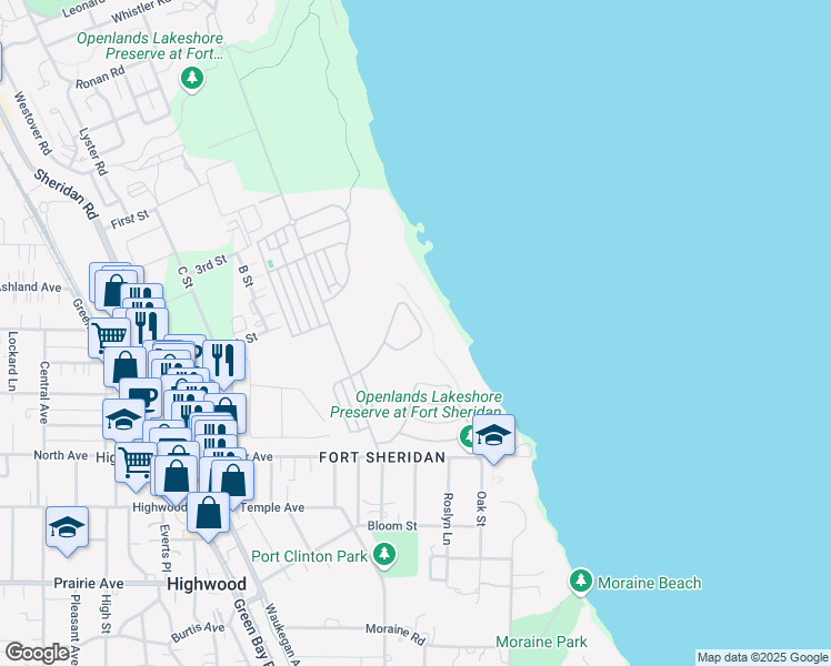 map of restaurants, bars, coffee shops, grocery stores, and more near 53 Grant Street in Highland Park