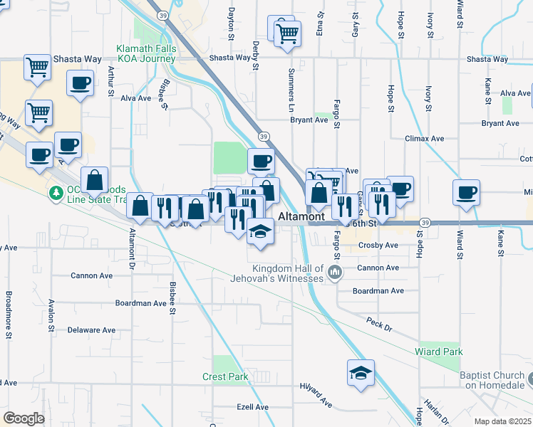 map of restaurants, bars, coffee shops, grocery stores, and more near 3949 South 6th Street in Klamath Falls