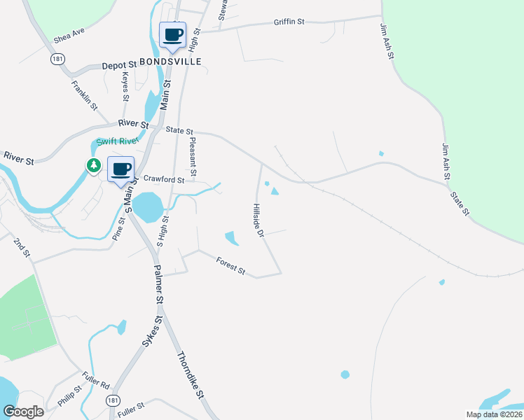 map of restaurants, bars, coffee shops, grocery stores, and more near 3056 Hillside Drive in Palmer