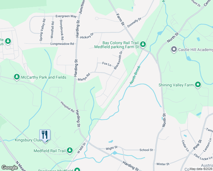 map of restaurants, bars, coffee shops, grocery stores, and more near 64 Blacksmith Drive in Medfield