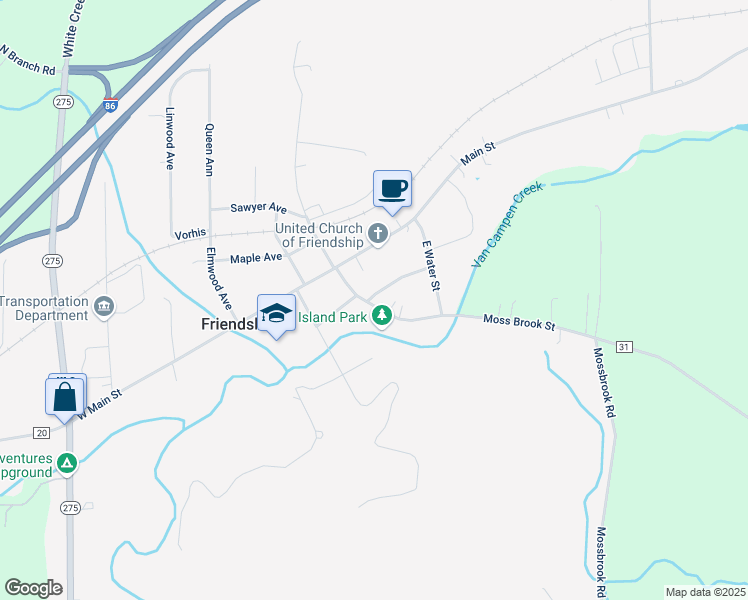 map of restaurants, bars, coffee shops, grocery stores, and more near 20 West Water Street in Friendship