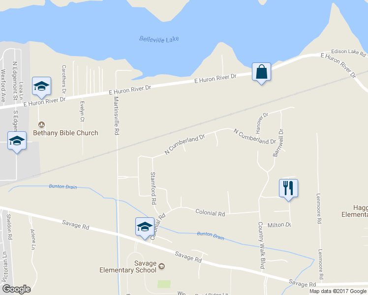 map of restaurants, bars, coffee shops, grocery stores, and more near 13074 Cumberland Court in Van Buren Charter Township