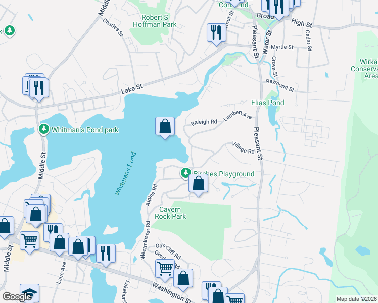 map of restaurants, bars, coffee shops, grocery stores, and more near 32 Lambert Avenue in Weymouth