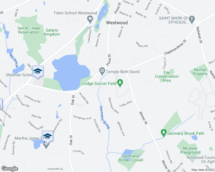 map of restaurants, bars, coffee shops, grocery stores, and more near 32 Shermans Way in Westwood
