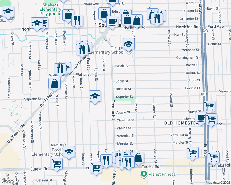 map of restaurants, bars, coffee shops, grocery stores, and more near 13827 Trenton Road in Southgate