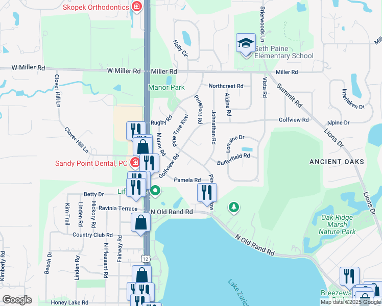 map of restaurants, bars, coffee shops, grocery stores, and more near 171 Pine Tree Row in Lake Zurich