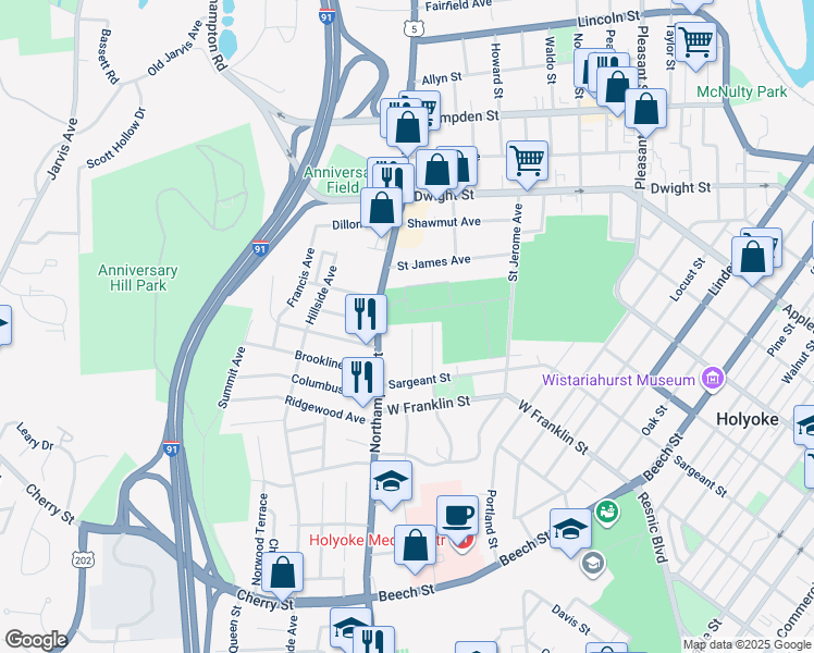 map of restaurants, bars, coffee shops, grocery stores, and more near 29 Orchard Street in Holyoke