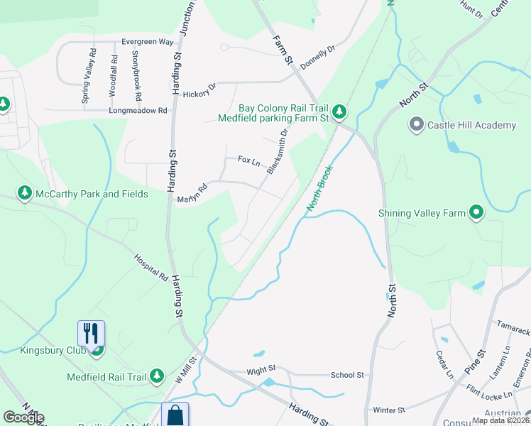 map of restaurants, bars, coffee shops, grocery stores, and more near 64 Blacksmith Drive in Medfield