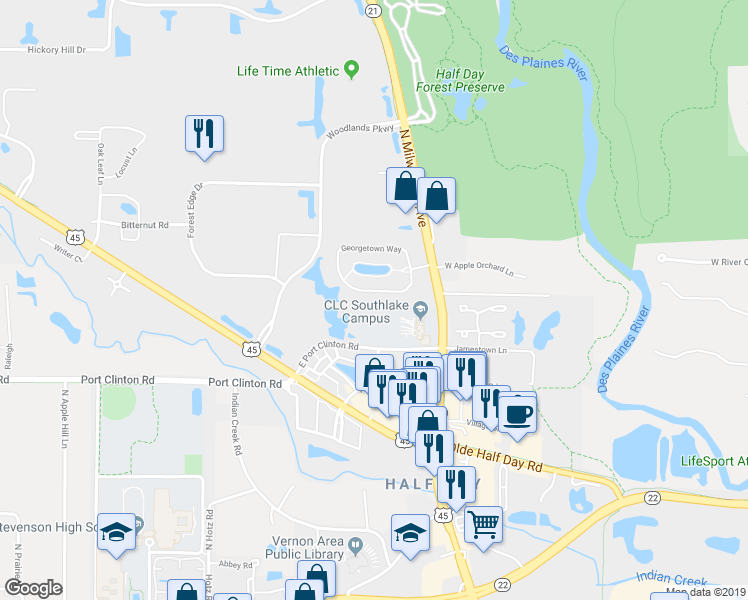 map of restaurants, bars, coffee shops, grocery stores, and more near 1246 Georgetown Way in Vernon Hills
