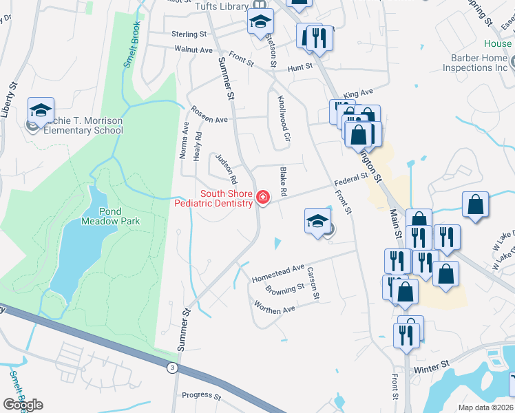 map of restaurants, bars, coffee shops, grocery stores, and more near Summer St & Federal St in Weymouth
