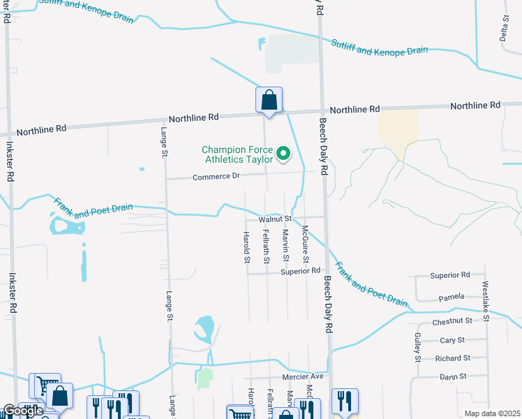 map of restaurants, bars, coffee shops, grocery stores, and more near 13528 Fellrath Street in Taylor