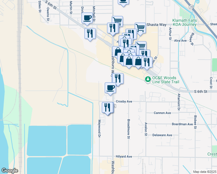 map of restaurants, bars, coffee shops, grocery stores, and more near 2226 Washburn Way in Klamath Falls
