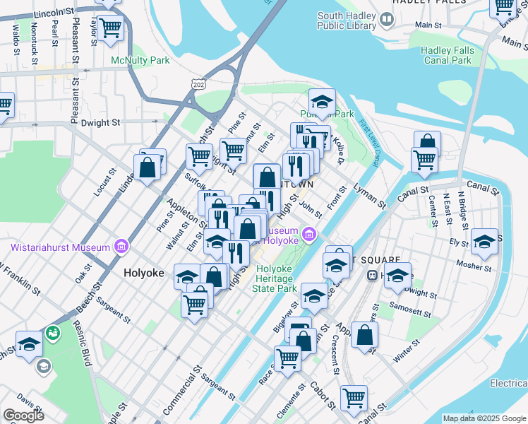 map of restaurants, bars, coffee shops, grocery stores, and more near in Holyoke