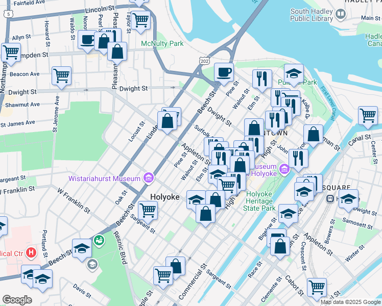 map of restaurants, bars, coffee shops, grocery stores, and more near 177 Walnut Street in Holyoke