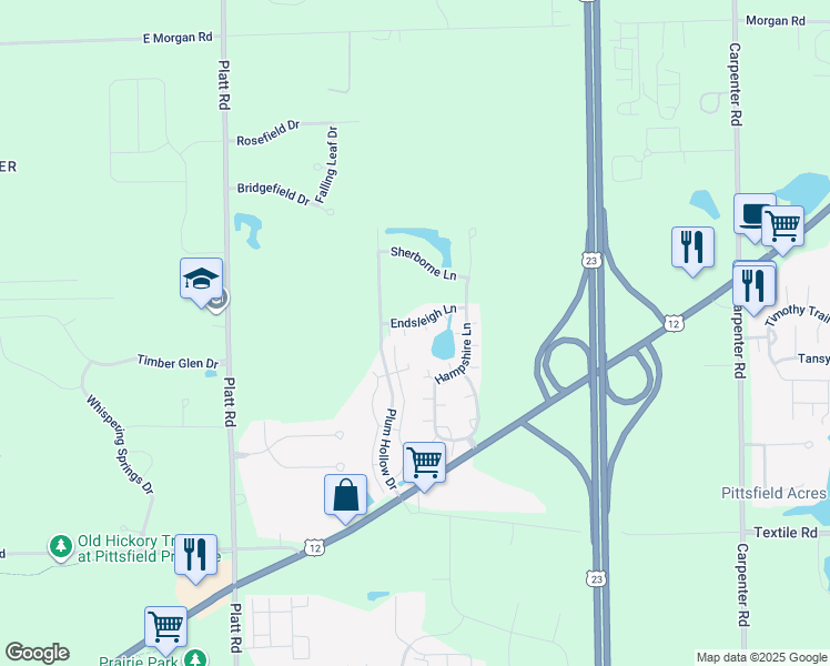 map of restaurants, bars, coffee shops, grocery stores, and more near 3332 Endsleigh Lane in Ypsilanti